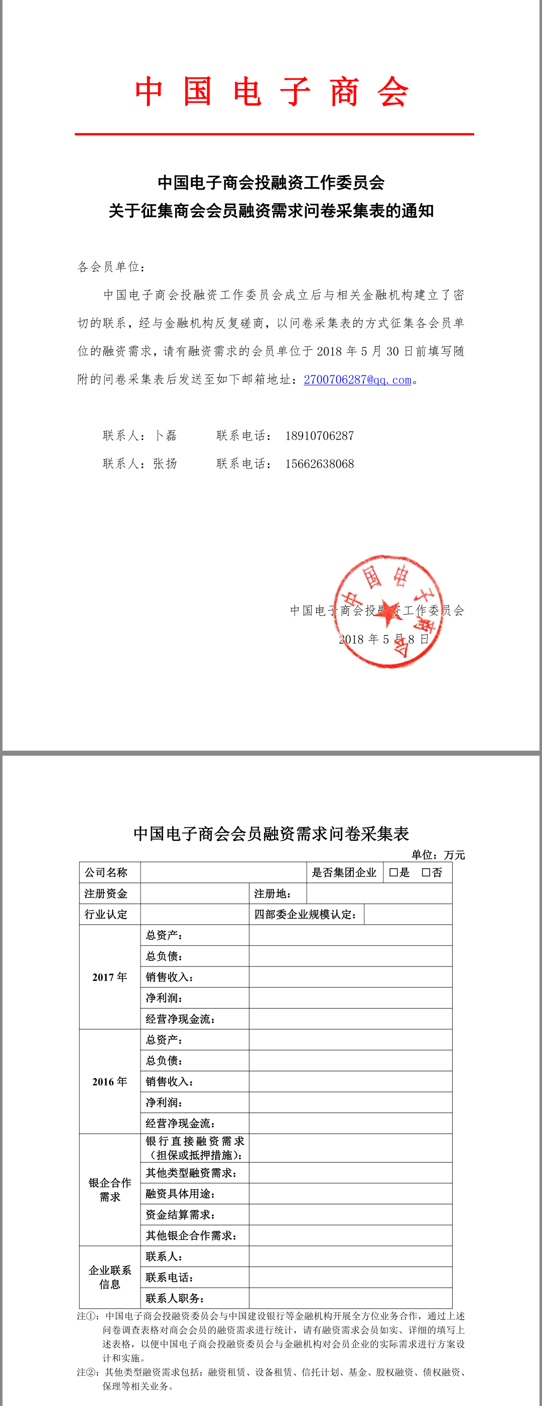 中国电子商会投融资工作委员会 关于征集商会会员融资需求问卷采集表的通知