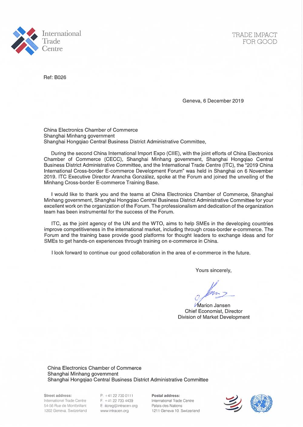 联合国国际贸易中心（ITC）对“2019中国国际跨境电子商务发展论坛”成功举办的致谢信