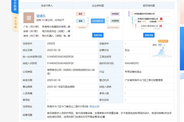 格力出资2000万成立医疗科技公司 经营范围含医护人员防护用品等