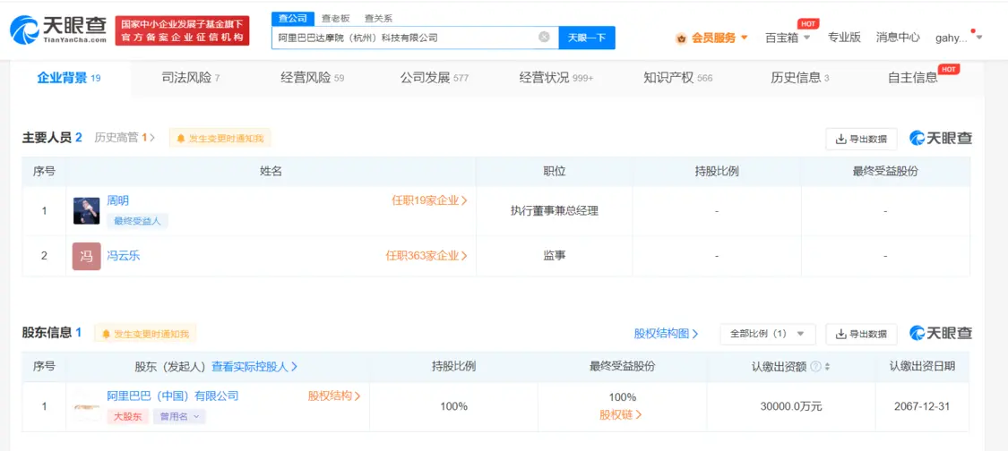 阿里巴巴对达摩院增资2.9亿 增幅2900%
